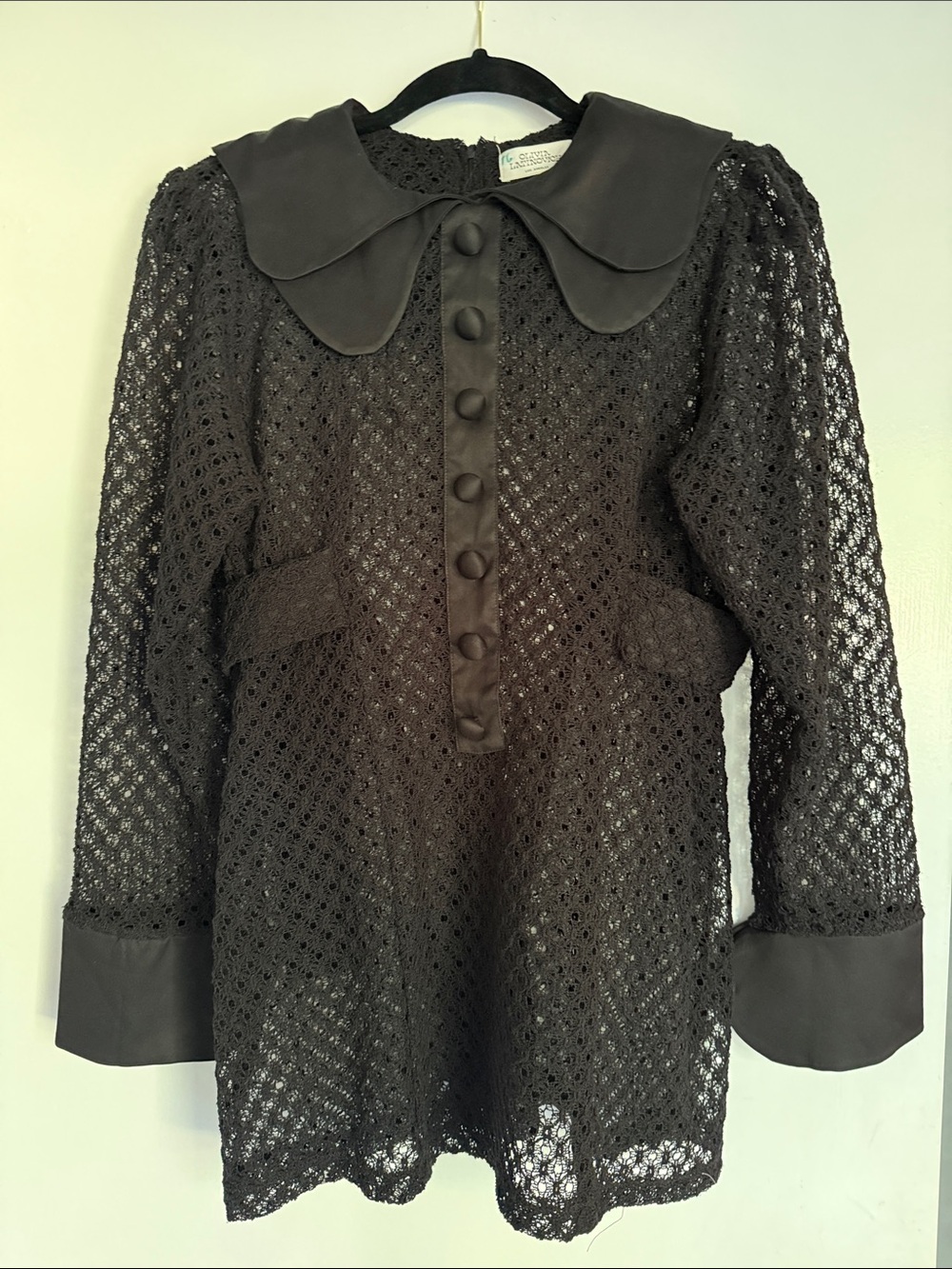 Vintage Black Lace Button-Front tunic top with Peter Pan Collar